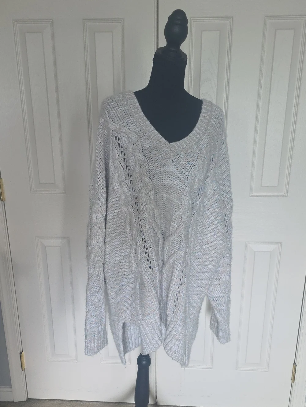 Anthropologie Light Gray Open-Knit Cable V-Neck Sweater